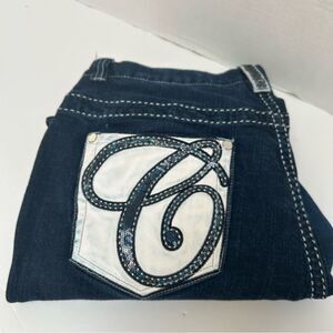 Coogi Vintage Dark Wash Leather Sequin Embroidered Trim Logo size 18‎